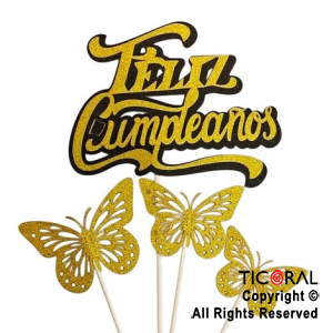 CAKE TOPPER MARIPOSA FELIZ CUMPLEAOS ORO Y NEGRO GIBRE CON PINCHE X 1